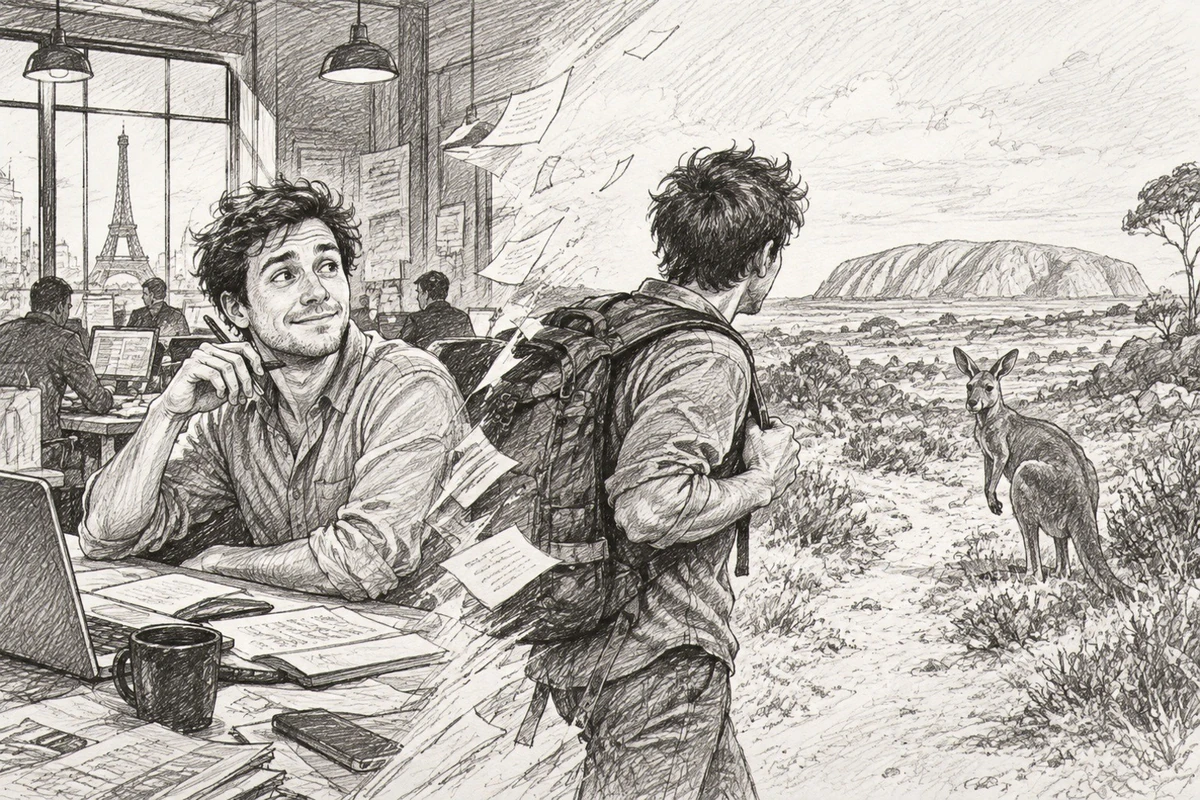 Line-art sketch showing the shift from a newsroom desk in Paris to a walking path in Australia