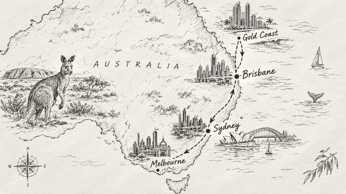 Line-art sketch of a trail connecting Sydney, Melbourne, Brisbane and the Gold Coast
