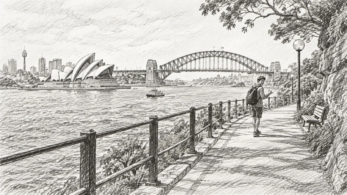 Line-art sketch of a walking path along Sydney Harbour, where interviews are often recorded
